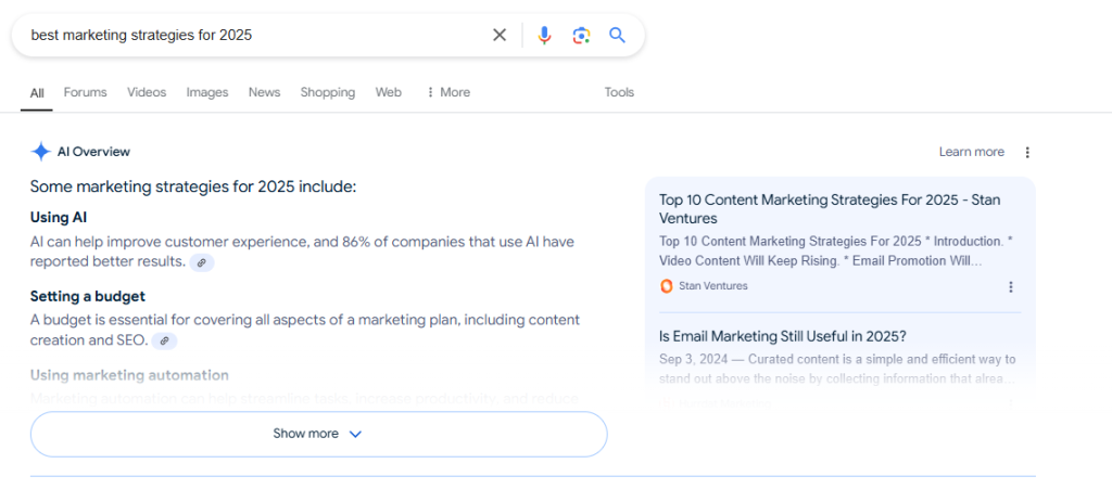 Screencap of Google AI results for "best marketing strategies for 2025."